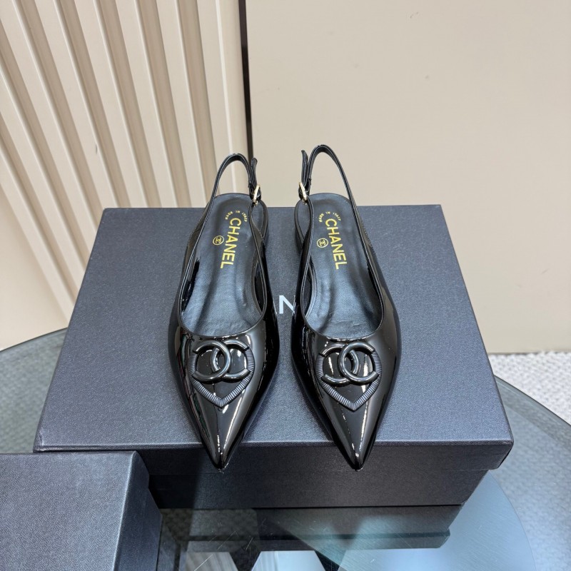 2025 Women Chanel Black Satin Leather Slingback Flats KFY00290