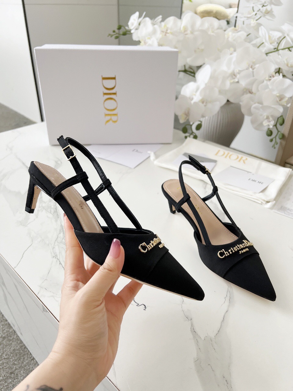 2025 Women Dior Black Fabric Slingback Kitten Heel