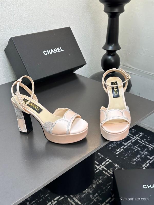 2025 Women Chanel Pink Satin Rhinestone Platform Sandals KFY00320