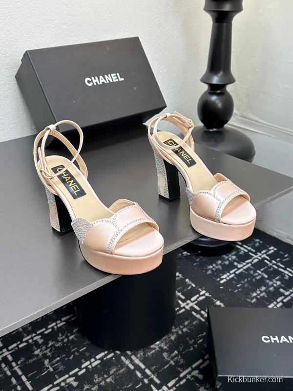 2025 Women Chanel Pink Satin Rhinestone Platform Sandals KFY00320