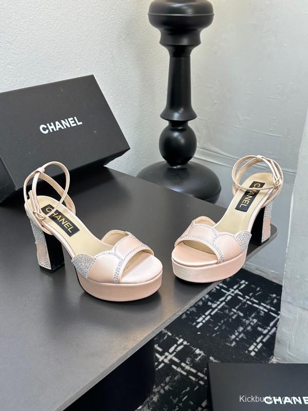2025 Women Chanel Pink Satin Rhinestone Platform Sandals KFY00320