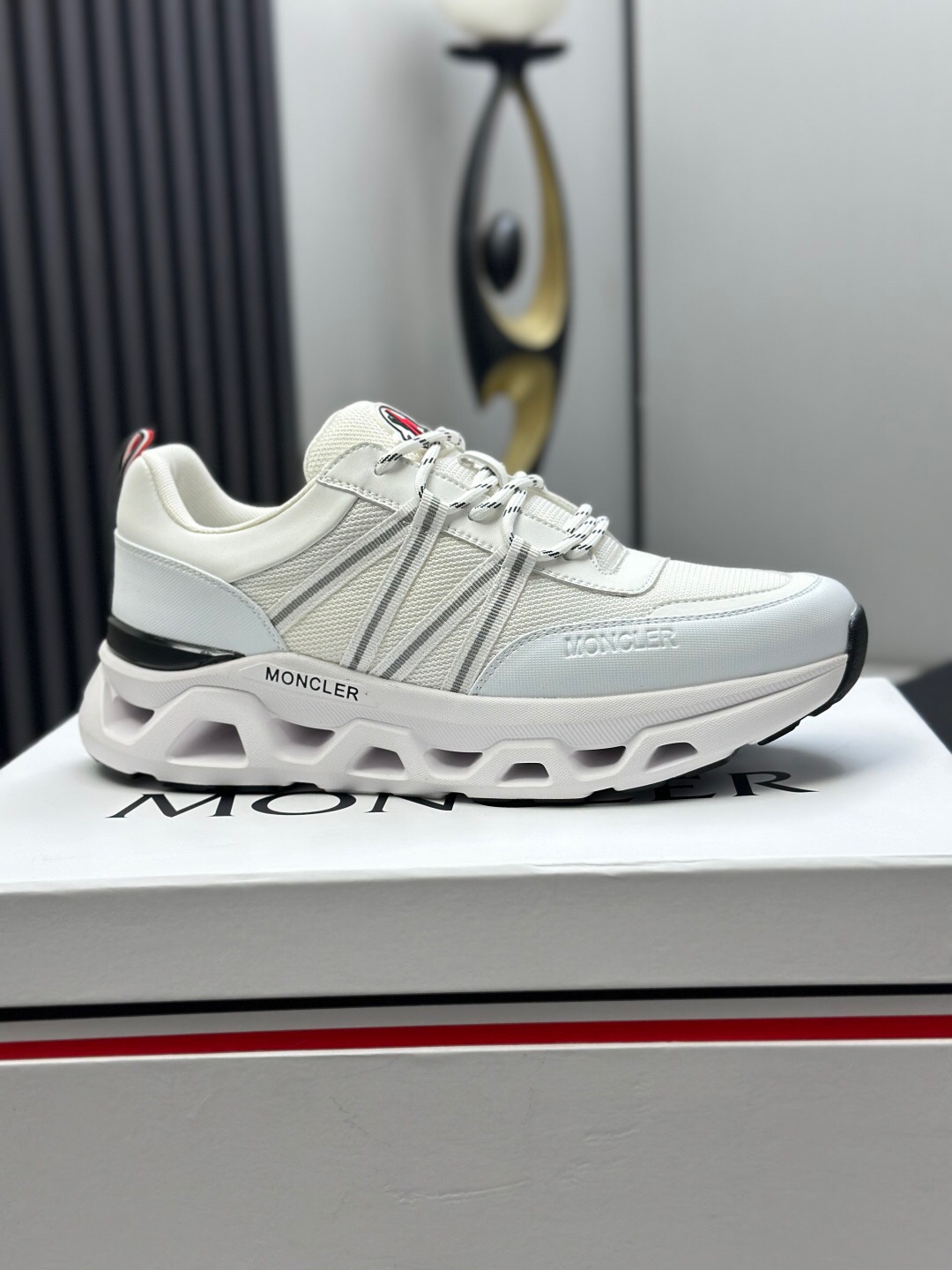 2025 Unisex Moncler White Black Synthetic Leather Outdoor Sneakers KFY00390