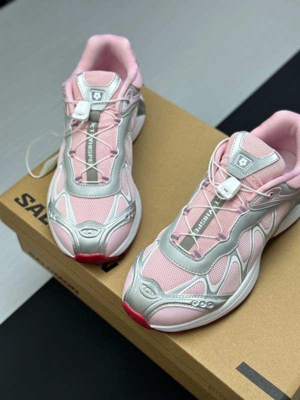 2025 Women SALOMON Pink White Leather Mesh Sneakers KFY00320