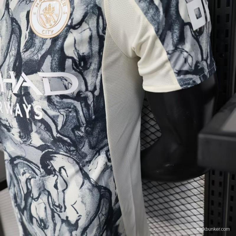 25/26 Player Version Manchester City White with Black Marble Abstract Art Pattern Jersey