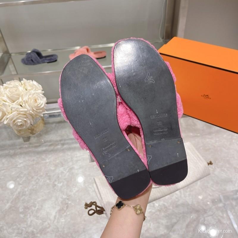 H Teddy Wool H Slippers Flat Sole Autumn Winter - LY00240