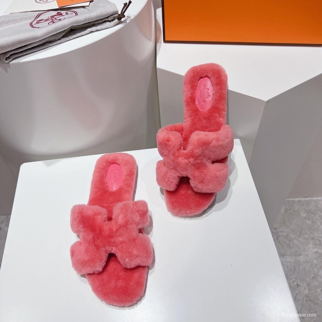 Hermès Teddy Wool H Slippers Flat Sole Fur Slides - LY00240