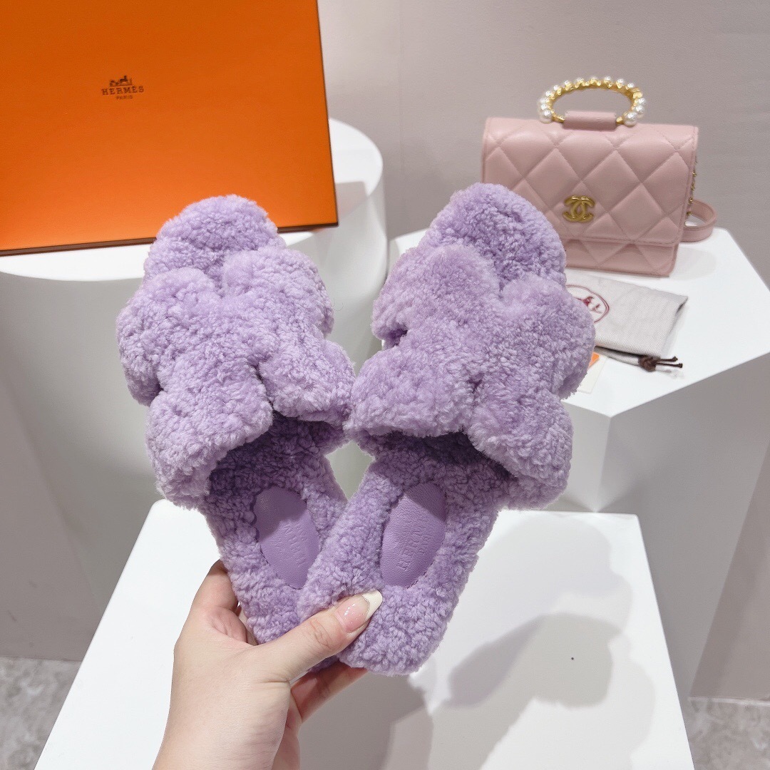 Hermès 2025 SS Teddy Wool H Slippers Flat Fur Slippers - LY00240