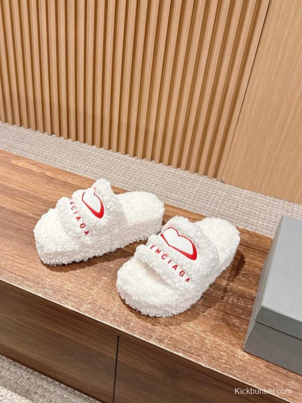 Balenciaga 2025 SS Qixi Limited Series Letter Embroidery Platform Shearling Slippers - AS00200
