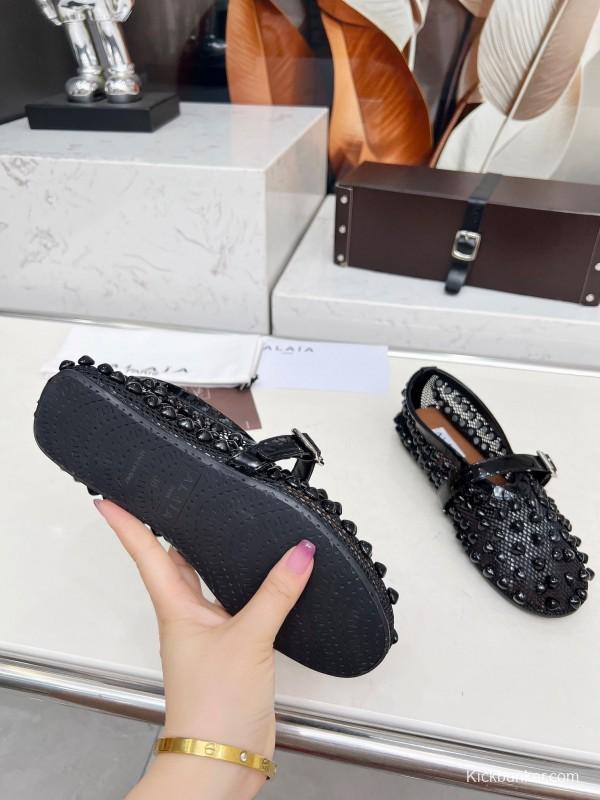 Alaia 2025/SS Beaded Hollow-out Ballet Shoes with Built-in Arch Support - LY00280