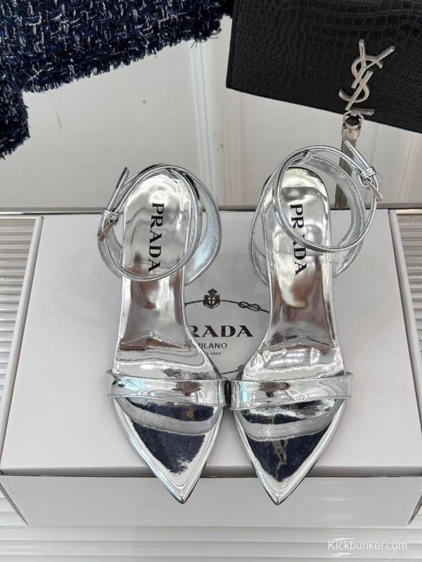 Prada 2025 SS Pointed Toe High Heel Sandals with Triangle Buckle - KFY00280