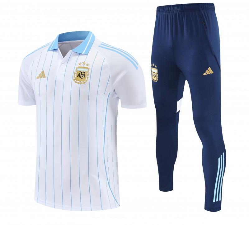 26/27 Argentina White Stripes Polo Training Shirt + Navy Blue Long Pants Tracksuit