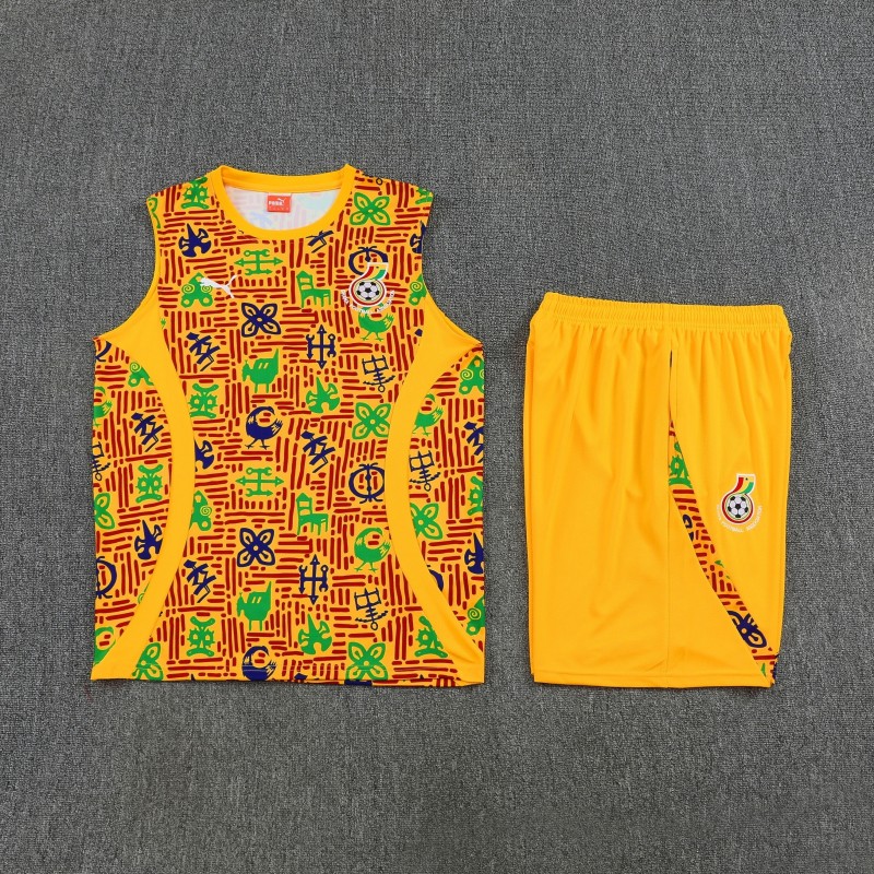 25/26 Ghana Yellow Adinkra Symbol Print Sleeveless Training Suit + Shorts