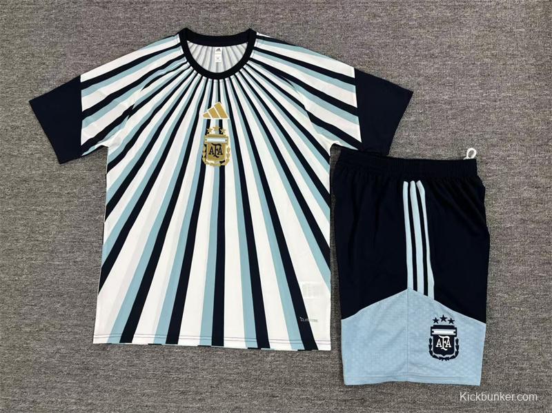 2026 Kids  Argentina White & Light Blue Radial Stripe Short Sleeve+Soccer Shorts