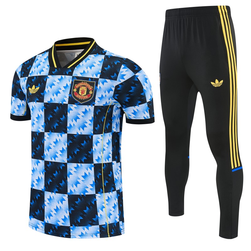 26/27 Manchester United Blue & Black Checkerboard Short Sleeve Tracksuit + Long Pants