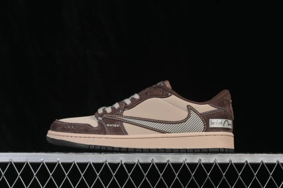 Nike Travis Scott x Fragment Design x Air Jordan 1 Low OG SP Retro Sneakers with Reverse Swoosh and Co-Branded Details - XS2025-092