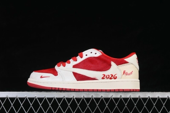 Nike Travis Scott x Fragment Design x Air Jordan 1 Low OG SP White Red Horsehair Casual Sneakers - XS2025-090