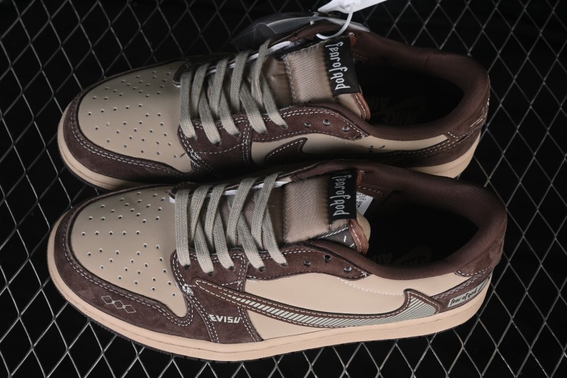 Nike Travis Scott x Fragment Design x Air Jordan 1 Low OG SP Retro Sneakers with Reverse Swoosh and Co-Branded Details - XS2025-092