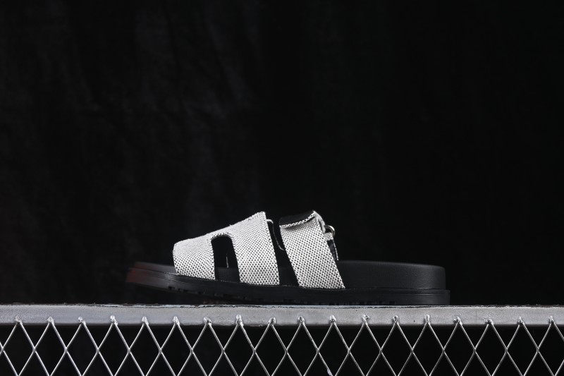 Hermes Chypre Sandals Women Flat Slide Slippers Gray Black - AJE5