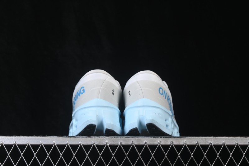 On Cloudmonster 3 Cushioned Running Shoes – White/Light Blue with Black Logo
