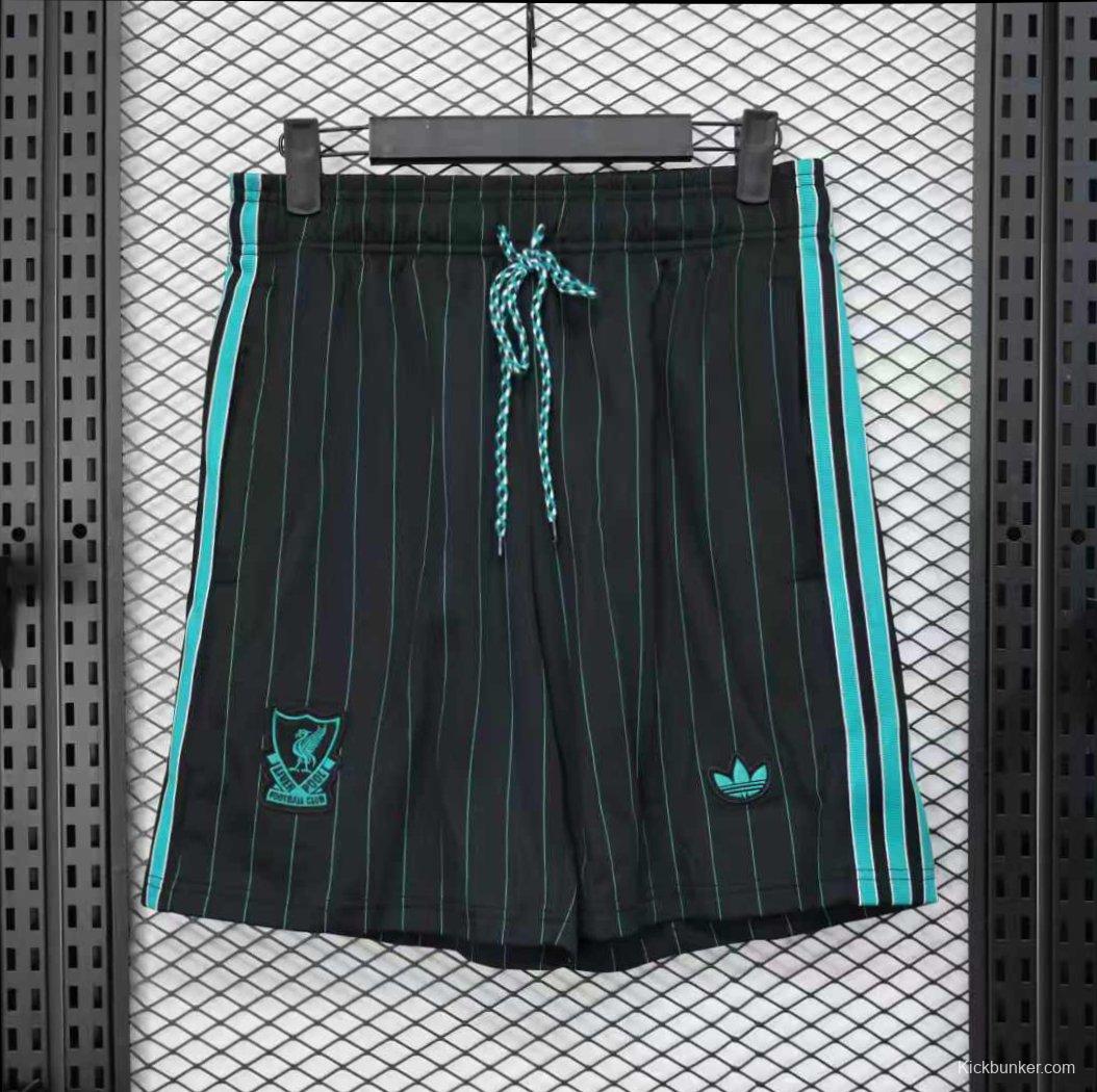 25/26 Liverpool Adidas Original Black with Teal Pinstripes Shorts