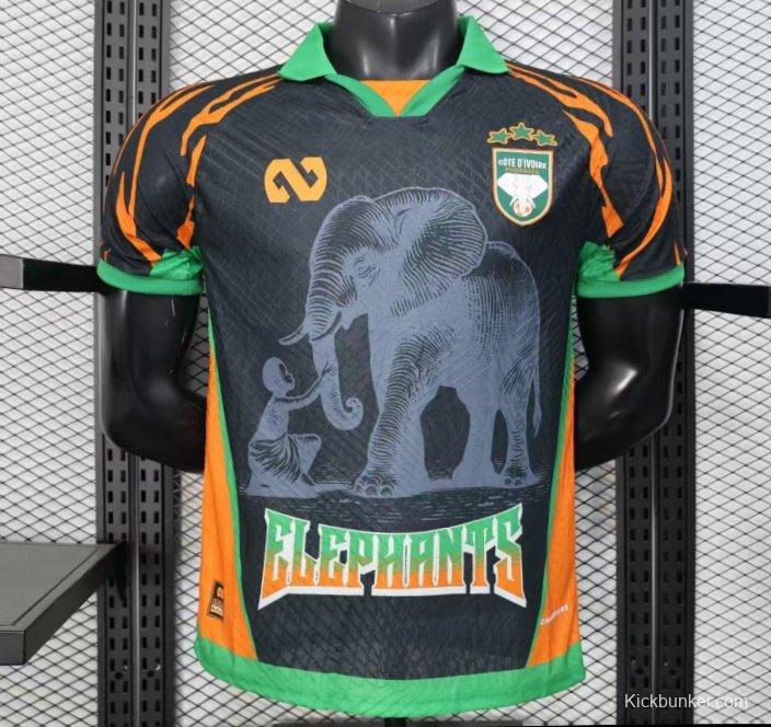 Player Version 2025 Ivory Coast Black with Elephant Graphic and Orange Stripes Jersey