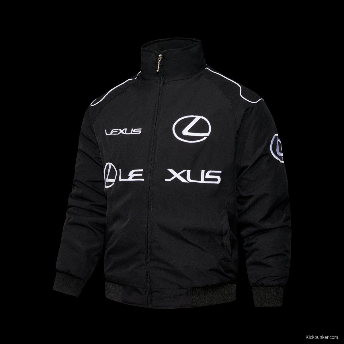 2026 F1 Lexus Black Racing Jacket with White Logo Embroidery and Piping Details