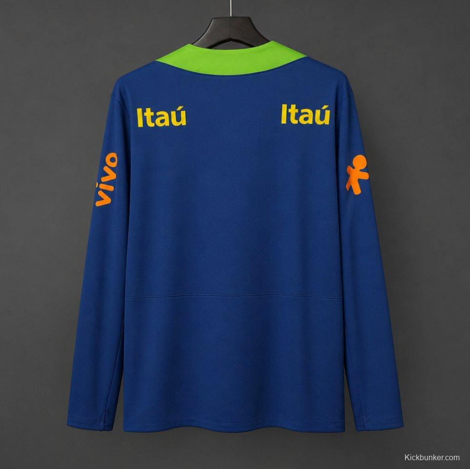 2024 Brazil Navy Blue with Lime Green Long Sleeve Half-Zip Training Top