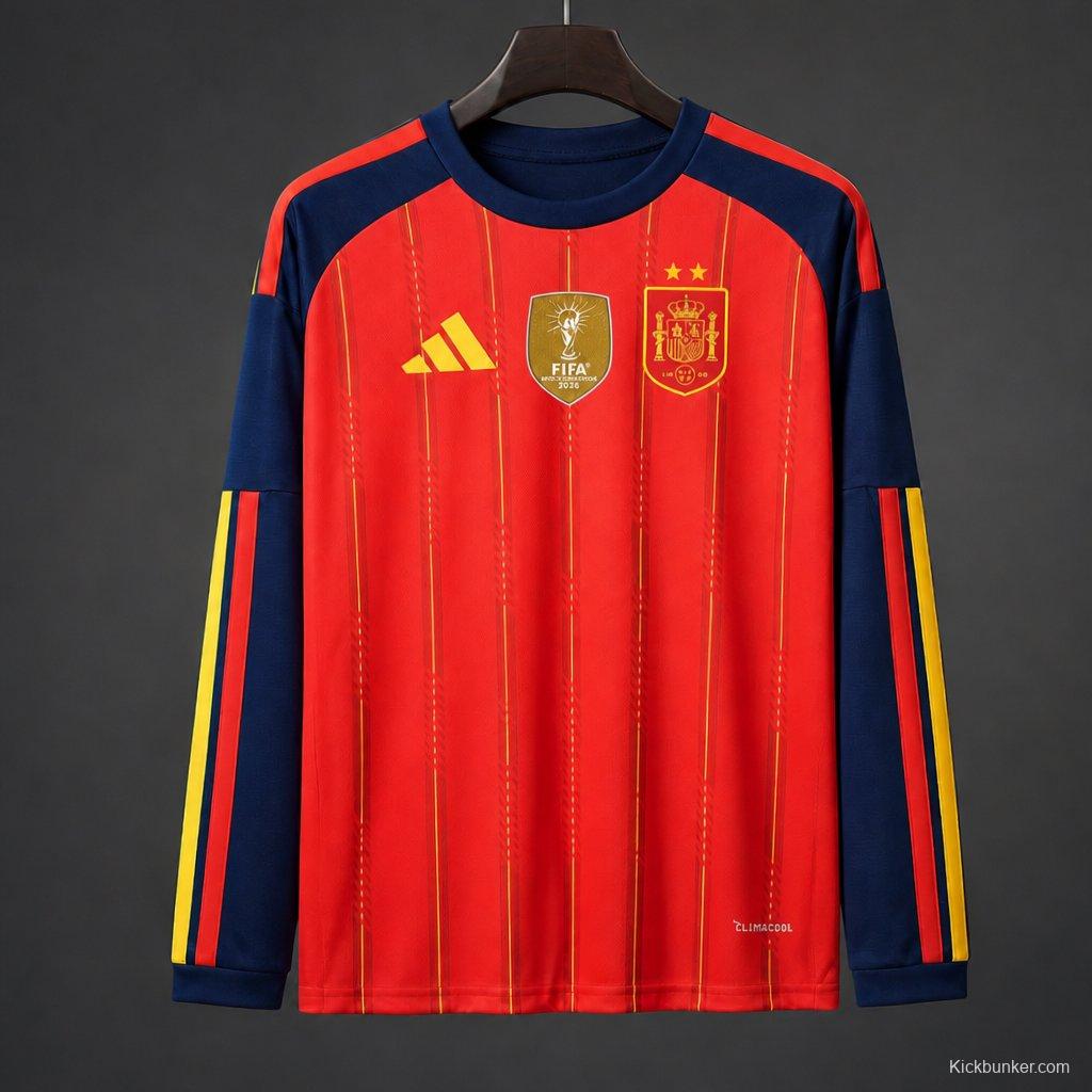 2 Star 2026 Spain Home Long Sleeve Jersey With Champion Patch